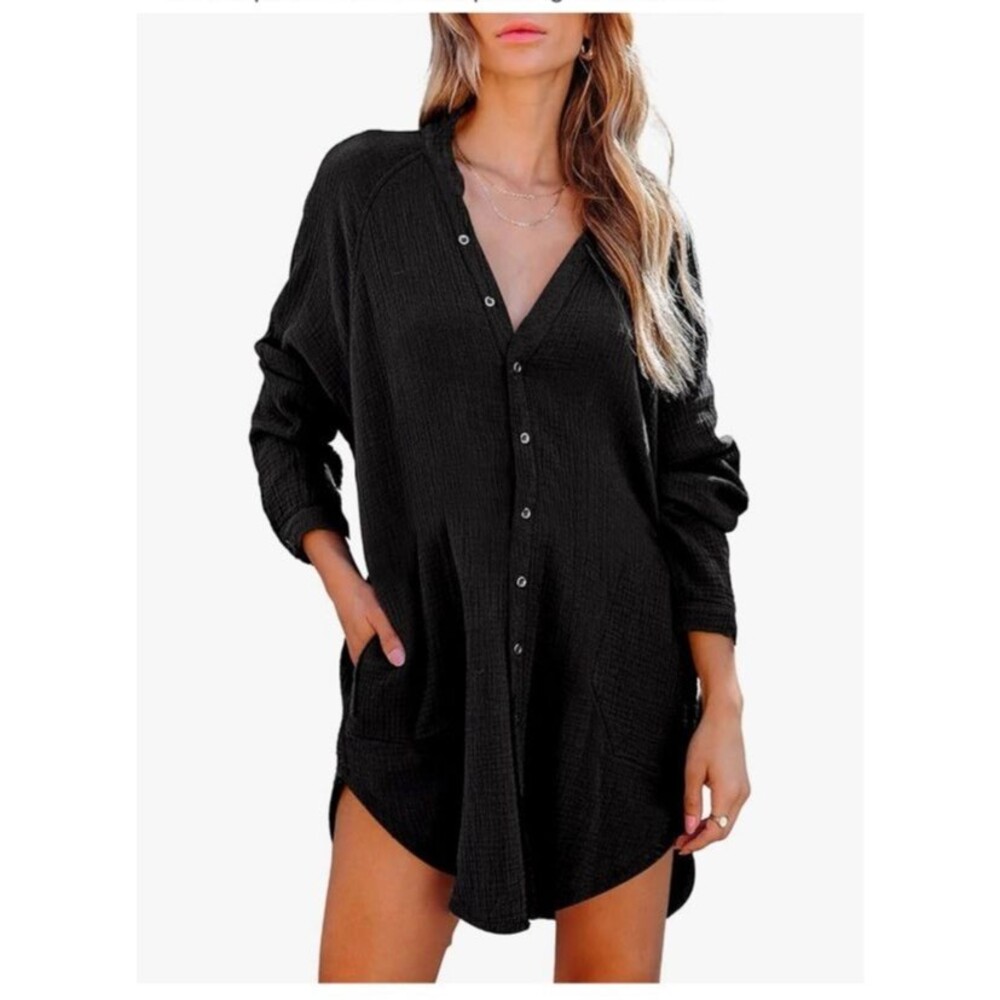 Womens Knox Rose Black Rayon Linen Shirt Dress Long Sleeve Button Down -Size 2XL